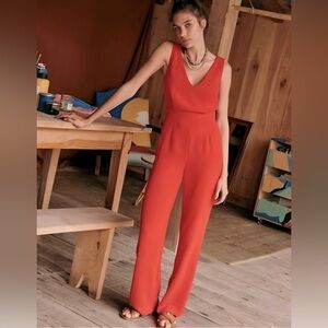 Sézane Vanille Sleeveless V-Neck Jumpsuit | Red Coral | Size 36 | US 4